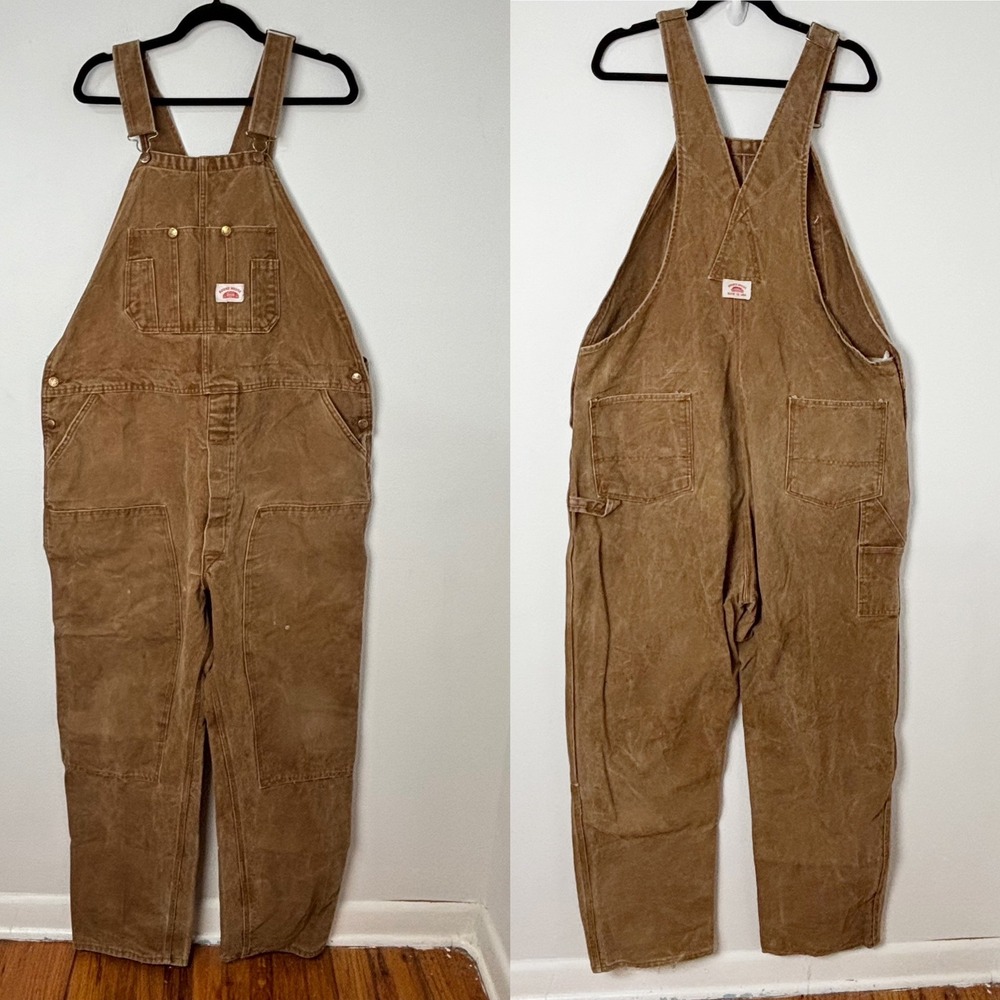 Vtg Round House Brown Duck Canvas Bib Overalls Double Knee Workwear 48X34 USA